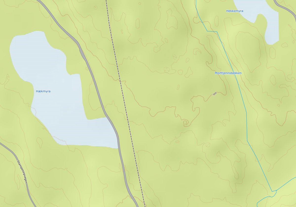 Kartutsnitt av strekket med de to veivalgene tegnet inn.