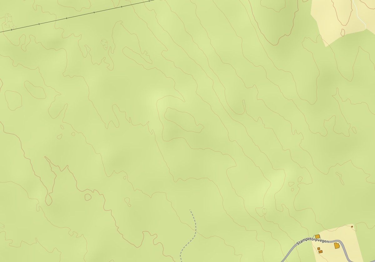 Kartutsnitt av strekket med de to veivalgene tegnet inn.