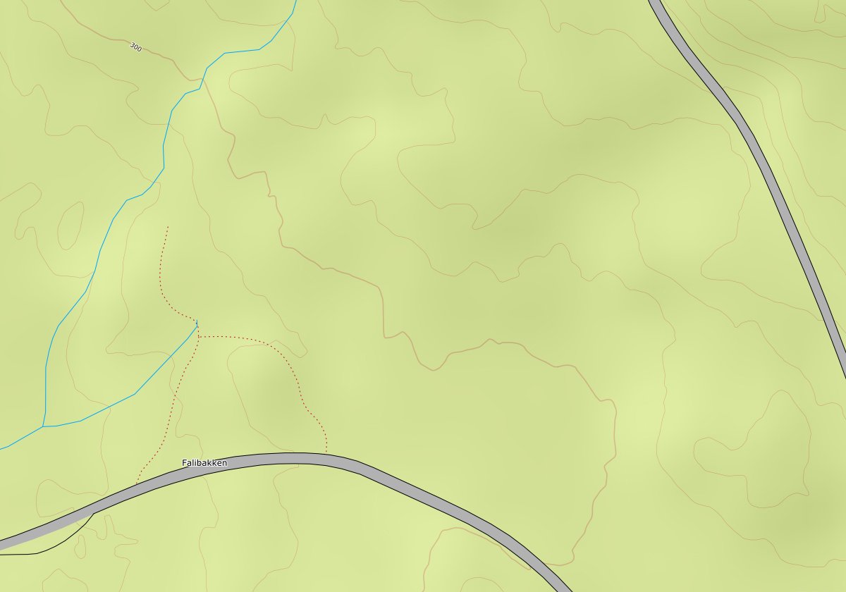 Kartutsnitt av strekket med de to veivalgene tegnet inn.