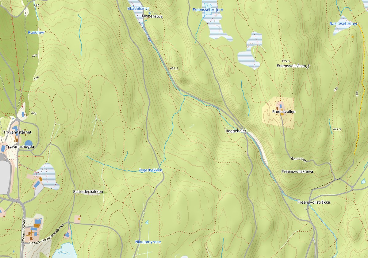 Kartutsnitt av strekket med de to veivalgene tegnet inn.